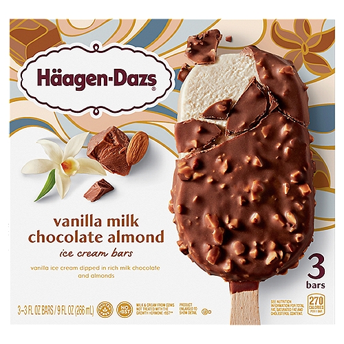 Häagen-Dazs 60th Birthday Vanilla Milk Chocolate Almond Ice Cream Bars, 3 fl oz, 3 count
Vanilla Ice Cream Dipped in Rich Milk Chocolate and Almonds

Milk & Cream from Cows Not Treated with the Growth Hormone rBST**
**No Significant Difference Has Been Shown Between Milk from rBST Treated and Non-rBST Treated Cows.