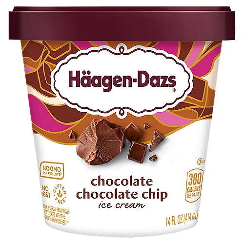 Häagen-Dazs Chocolate Chip Ice Cream, 14 fl oz
No GMO ingredients†
†SGS verified the Nestlé process for manufacturing this product with no GMO ingredients

Milk & cream from cows not treated with the growth hormone rBST**
**No significant difference has been shown between milk from rBST treated and non-rBST treated cows.