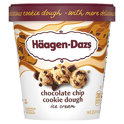 Häagen-Dazs Chocolate Chip Cookie Dough Ice Cream, 14 fl oz
Milk & cream from cows not treated with the growth hormone rBST**
**No significant difference has been shown between milk from rBST treated and non-rBST treated cows.

Bites of buttery cookie dough and rich chocolaty chips fold into our signature vanilla, creating moments of rich and satisfying flavor.