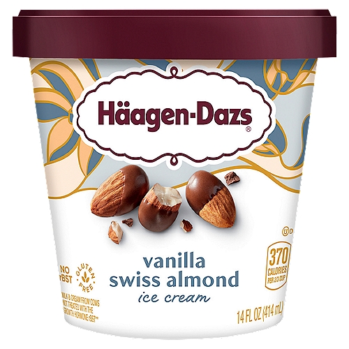 Häagen-Dazs Vanilla Swiss Almond Ice Cream, 14 fl oz
Milk & cream from cows not treated with the growth hormone rBST**
**No significant difference has been shown between milk from rBST treated and non-rBST treated cows.

Roasted almonds enrobed in dark chocolate are folded into rich vanilla ice cream for a decadent experience.