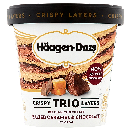 Häagen-Dazs Trio Crispy Layers Belgian Chocolate, Salted Caramel & Chocolate Ice Cream, 14 fl oz
Now 30% more chocolate‡
‡as compared to our previous recipe.

Here, smooth salted caramel and velvety chocolate ice creams are repeatedly layered between sheets of crispy Belgian chocolate for a luscious, textured indulgence.

No GMO ingredients†
†SGS verified the Nestlé process for manufacturing this product with no GMO ingredients - sgs.com/no-gmo

Milk & cream from cows not treated with the growth hormone rBST**
**No significant difference has been shown between milk from rBST treated and non-rBST treated cows.