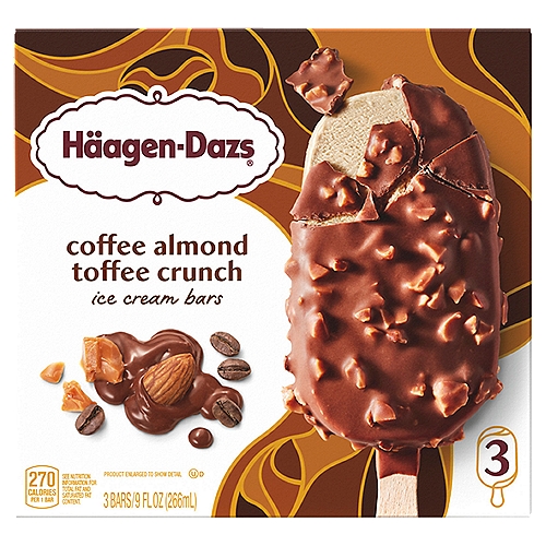 Häagen-Dazs Coffee Almond Crunch Ice Cream Bars, 3 fl oz, 3 count
Coffee Ice Cream Dipped in Rich Milk Chocolate, Almonds and Toffee

Milk & Cream from Cows Not Treated with the Growth Hormone rBST**
**No Significant Difference Has Been Shown Between Milk from rBST Treated and Non-rBST Treated Cows.

Our iconic coffee ice cream is coated in rich milk chocolate with almond and toffee pieces for a creamy, crunchy reward.