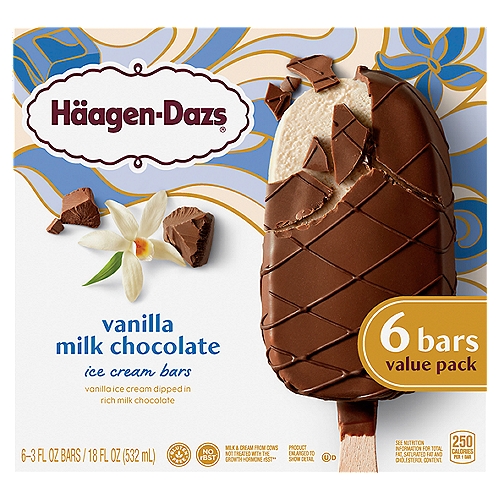 Häagen-Dazs Vanilla Milk Chocolate Ice Cream Bars Value Pack, 3 fl oz, 6 count
Vanilla Ice Cream Dipped in and Drizzled with Rich Milk Chocolate

No rBST
Milk & Cream from Cows Not Treated with the Growth Hormone rBST**
**No Significant Difference Has Been Shown Between Milk from rBST Treated and Non-rBST Treated Cows.

Our signature vanilla ice cream unites with a rich milk chocolate coating and chocolate drizzle for a classic indulgence.