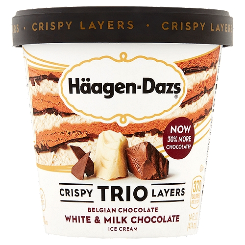Häagen-Dazs Trio Crispy Layers Belgian, White & Milk Chocolate Ice Cream, 14 fl oz
Now 30% more chocolate‡
‡as compared to our previous recipe.

Here, creamy white and milk chocolate ice creams alternate between layers of crispy Belgian chocolate to create a uniquely textured indulgence.

No GMO ingredients†
†SGS verified the Nestlé process for manufacturing this product with no GMO ingredients

Milk & cream from cows not treated with the growth hormone rBST**
**No significant difference has been shown between milk from rBST treated and non-rBST treated cows.