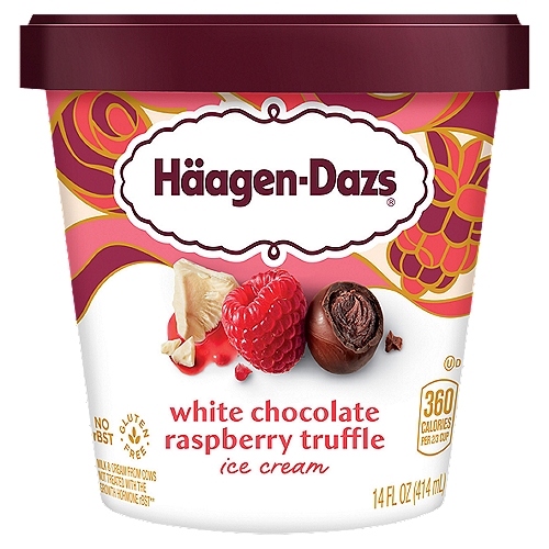 Premium white chocolate ice cream with fudge chunks and raspberry swirls.