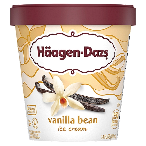 Häagen-Dazs Vanilla Bean Ice Cream, 14 fl oz
No GMO ingredients†
†SGS verified the Nestlé process for manufacturing this product with no GMO ingredients - sgs.com/no-gmo

Milk & cream from cows not treated with the growth hormone rBST**
**No significant difference has been shown between milk from rBST treated and non-rBST treated cows.

Pure Madagascar vanilla and flecks of real vanilla beans blend with sweetened cream to create a rich and sweet indulgence.