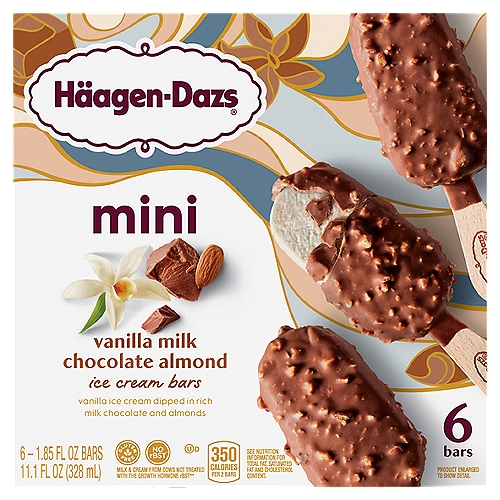 Häagen-Dazs Vanilla Milk Chocolate Almond Mini Ice Cream Bars, 1.85 fl oz, 6 count
Vanilla Ice Cream Dipped in Rich Milk Chocolate and Almonds

No rBST
Milk & Cream from Cows Not Treated with the Growth Hormone rBST**
**No Significant Difference Has Been Shown Between Milk from rBST Treated and Non-rBST Treated Cows.

Our signature vanilla ice cream is dipped in rich milk chocolate with roasted almonds for a rich, classic indulgence.