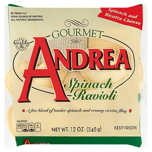 Andrea Gourmet Spinach Ravioli, 12 oz
A Fine Blend of Tender Spinach and Creamy Ricotta Filling