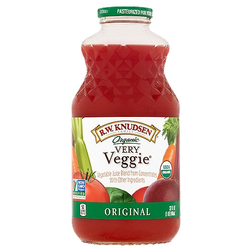 R.W. Knudsen Family Organic Very Veggie Original Juice, 32 fl oz
Vegetable Juice Blend from Concentrates with Other Ingredients

You'll love R.W. Knudsen Family® brand's Organic Very Veggie® Original Vegetable Juice Blend. It's a vegetable juice blend offering all the flavor of nine vegetables. It's the perfect beverage anytime. Just one 8 fl oz glass of Very Veggie Juice Blend counts as one cup serving of vegetables. In addition to Organic Very Veggie Original Vegetable Juice Blend, look for Organic Spicy and Organic Low Sodium varieties.