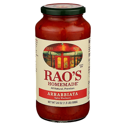 Rao's Arrabbiata Sauce, 24oz
Rao's Homemade Arrabbiata or “angry” Sauce is spicy pasta sauce made from tomatoes, garlic, olive oil, and crushed red peppers. Arrabbiata refers to the flavor profile of this pasta sauce made with the perfect amount of crushed red pepper to add a subtle yet spicy kick to any meal. This pasta sauce is prepared in small batches and slow simmered to achieve the most authentic Italian flavor. Rao's Arrabbiata Sauce is made with Italian tomatoes, olive oil, fresh onions, fresh garlic, fresh basil, crushed red pepper, salt, pepper and oregano. The Rao's Arrabbiata pasta sauce recipe stays true to its classic Italian roots making it the perfect carb conscious pasta sauce. Rao's Homemade Arrabbiata is made without added sugar* making it a great keto friendly spaghetti sauce you'll want in your pantry. Not only is this premium sauce delicious, and made with the finest ingredients, it does not contain any tomato blends, tomato paste, water, starches or added colors. Rao's Homemade, originally born in New York, now brings authentic Italian flavor into your home. Rao's Arrabbiata pasta sauce is a versatile carb conscious pasta sauce that lets anyone following a Keto lifestyle enjoy pasta sauce! Rao's Homemade Arrabbiata pasta sauce offers truly traditional homemade Italian flavor, easily available anytime to pair with your preferred pasta, to use as an ingredient in your favorite recipe, or to accompany your favorite meatballs. *Not a low or reduced calorie food, see nutrition panel for further information on Sugar and Calorie content