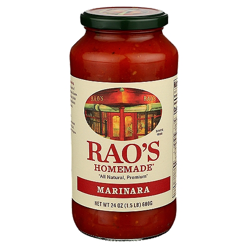 Rao's Marinara Sauce, 24oz
Bring home the famous taste of Rao's Homemade Marinara Sauce. Rao's Homemade Marinara Sauce is a premium, carb conscious marinara sauce made with only the finest ingredients. Delicious speaks for itself when enjoying this marinara sauce. Each batch of Rao's Homemade Marinara Sauce is slow-cooked in small batches with high quality ingredients. These wholesome ingredients blend sweet Italian tomatoes, olive oil, and onions with fresh basil, fresh garlic, oregano, black pepper and salt creating a pasta sauce that brings back memories of family dinners around the table. The Rao's Marinara Sauce recipe stays true to its classic Italian roots making it the perfect carb conscious marinara sauce that is Keto-friendly. Rao's Homemade Marinara has no added sugar* making it a great spaghetti sauce you'll want in your pantry. This premium pasta sauce tastes delicious, and is made with the finest ingredients, without any tomato blends, tomato paste, water, starches, added colors, or sugar. Rao's Homemade, originally born in New York, now brings authentic Italian flavor into your home. Rao's Marinara Sauce is a versatile carb conscious marinara sauce that offers truly traditional homemade Italian flavor, easily available anytime to pair with your preferred pasta, to use as an ingredient in your favorite recipe, or to accompany your favorite meatballs. *Not a low or reduced calorie food, see nutrition panel for further information on Sugar and Calorie content