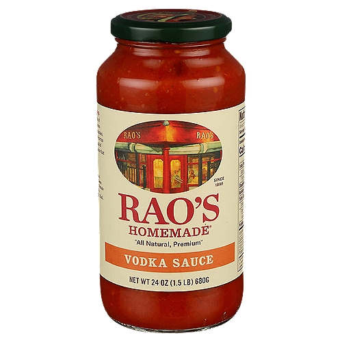 Rao's Vodka Sauce, 24 oz 
Rao's Homemade Vodka Sauce features a rich blend of Italian tomatoes, Parmigiano Reggiano and Pecorino Romano cheeses and a splash of vodka to create a creamy and bright pasta sauce. Following the authenticly Italian Rao's Homemade recipe, every jar of sauce brings you the warm, classic flavor of homemade tomato sauce. Each batch of Rao's Homemade Vodka pasta sauce is slow-cooked in small batches with high quality ingredients. These wholesome ingredients blend 100% sweet Italian tomatoes, olive oil, Parmesan and Romano cheeses, onion, garlic, basil, oregano and vodka creating a well-balanced spaghetti sauce that is sure to please everyone around the table. The Rao's Vodka pasta sauce recipe stays true to its classic Italian roots with no added sugar* making it a delicious carb conscious pasta sauce that is Keto-friendly. Not only is this premium sauce delicious, and made with the finest ingredients, it does not contain any tomato blends, tomato paste, starches or added colors. Rao's Homemade, originally born in New York, now brings authentic Italian flavor into your home. Rao's vodka pasta sauce is a versatile carb conscious pasta sauce that offers truly traditional homemade Italian flavor, easily available anytime to pair with your preferred pasta, to use as an ingredient in your favorite recipe, or to make a bowl of classic Penne alla Vodka Sauce. *Not a low or reduced calorie food, see nutrition panel for further information on Sugar and Calorie content