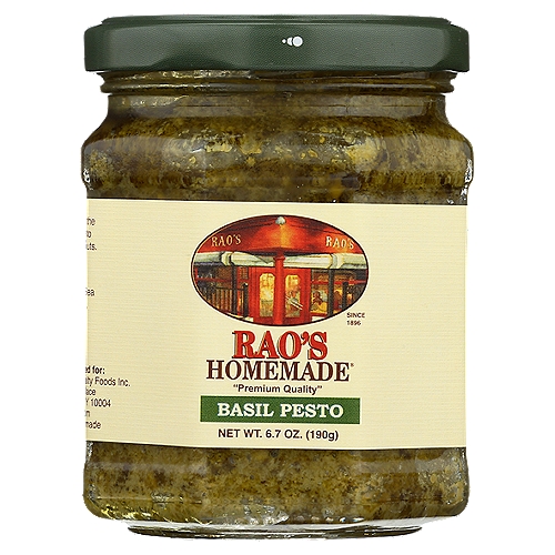 Rao's Basil Pesto, 6.7 oz
Bring home the famous taste of Rao's Homemade Pesto Sauce. Rao's Homemade Pesto Sauce is a premium sauce made with only the finest ingredients. These wholesome ingredients blend basil, cheese, oil, and pine nuts bringing back memories of family dinners around the table. The Rao's Homemade Pesto Sauce recipe stays true to its classic Italian roots making it a great pasta sauce you'll want in your pantry. Rao's Homemade, originally born in New York, now brings authentic Italian flavor into your home. Rao's Pesto Sauce is a versatile sauce that pairs well with spaghetti, penne, or any other pasta and makes a delicious topping for salmon or chicken for an easy weeknight dinner your whole family will love.