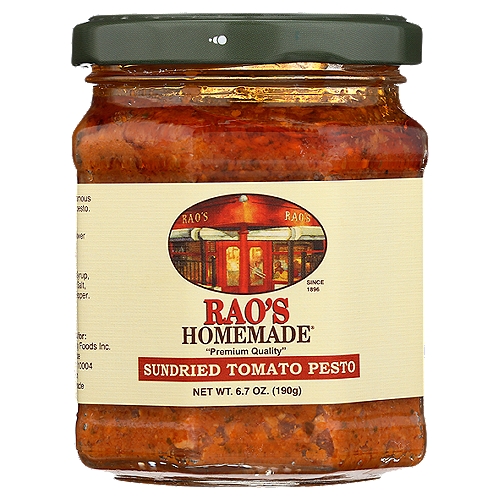 Rao's Homemade Sundried Tomato Pesto Sauce, 6.7 oz
Bring home the famous taste of Rao's Homemade Sun Dried Tomato Pesto Sauce. Rao's Homemade Pesto Sauce is a premium pasta sauce made with only the finest ingredients. These wholesome ingredients blend sundried tomatoes, oil, cheese, and nuts for a refreshing take on a classic pesto. The Rao's Sun Dried Tomato Pesto Sauce recipe stays true to its classic Italian roots making it a great sauce you'll want in your pantry. Rao's Homemade, originally born in New York, now brings authentic Italian flavor into your home. Rao's Pesto Sauce is a versatile sauce that pairs well with any pasta or used as a topping for salmon or chicken for an easy weeknight dinner your whole family will love.