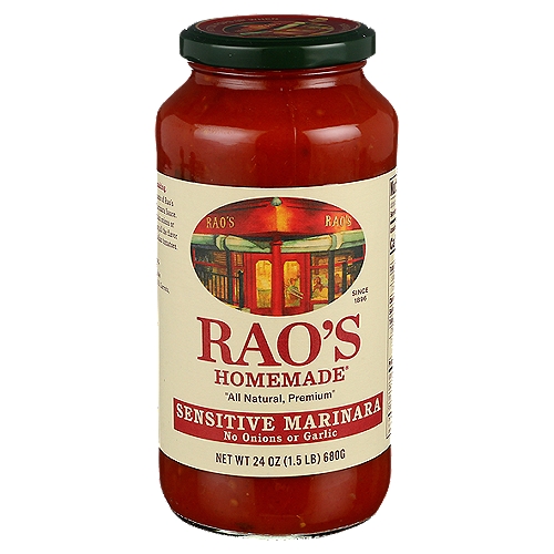 Rao's Sensitive Formula Marinara Sauce, 24oz
Rao's developed Sensitive Marinara Sauce for people who are sensitive to the flavor or the effects of onions or garlic. Our delicious sauce achieves full-bodied taste without the use of onions or garlic while keeping all the flavor of slow-simmered Italian tomatoes. Each batch of Rao's Homemade Sensitive Marinara Sauce is slow-cooked in small batches with high quality ingredients. These wholesome ingredients blend 100% Italian tomatoes, olive oil, fresh carrots, fresh celery, salt, and fresh basil. Rao's is proud to offer customers an all-natural sensitive marinara sauce that offers a truly traditional delicious homemade Italian flavor. Rao's Sensitive Marinara Sauce recipe stays true to its classic Italian roots making it the perfect carb conscious marinara sauce that is Keto-friendly. Rao's Sensitive Marinara has no added sugar* making it a great spaghetti sauce you'll want in your pantry. This premium pasta sauce tastes delicious, and is made with the finest ingredients, without any tomato blends, tomato paste, water, starches, added colors, or sugar. Rao's Homemade, originally born in New York, now brings authentic Italian flavor into your home. Rao's Sensitive Marinara Sauce is a versatile carb conscious marinara sauce that offers truly traditional homemade Italian flavor, easily available anytime to pair with your preferred pasta, to use as an ingredient in your favorite recipe, or to accompany your favorite meatballs. *Not a low or reduced calorie food, see nutrition panel for further information on Sugar and Calorie content