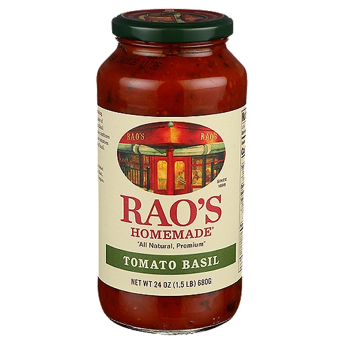 Rao's Tomato Basil Sauce, 24 oz
Bring home the famous taste of Rao's Homemade Tomato Basil Pasta Sauce. Rao's Homemade Sauce is a premium, carb conscious pasta sauce made with only the finest ingredients. Delicious speaks for itself when enjoying this tomato sauce. Rao's has combined what you love about their famous marinara sauce with fresh basil to create a pasta sauce that is packed with flavor and versatility. Each batch of Rao's Homemade Tomato Basil Pasta Sauce is slow-cooked in small batches with high quality ingredients. These wholesome ingredients blend Italian tomatoes, olive oil, and onions with fresh basil, fresh garlic, oregano, black pepper and salt creating a pasta sauce that brings back memories of family dinners around the table. Rao's Tomato Basil Pasta Sauce recipe stays true to its classic Italian roots making it the perfect carb conscious pasta sauce. Rao's Homemade Tomato Basil sauce has no added sugar* making it a keto friendly pasta sauce you'll want in your pantry. This premium pasta sauce tastes delicious, and is made with the finest ingredients, without any tomato blends, tomato paste, water, starches, added colors, or sugar. Rao's Homemade, originally born in New York, now brings authentic Italian flavor into your home. Rao's Tomato Basil pasta sauce is a versatile carb conscious pasta sauce that offers truly traditional homemade Italian flavor, easily available anytime to pair with your preferred pasta, to use as an ingredient in your favorite recipe, or to accompany your favorite meatballs. *Not a low or reduced calorie food, see nutrition panel for further information on Sugar and Calorie content