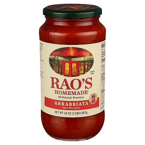 Rao's Arrabbiata Sauce, 32 oz
Rao's Homemade Arrabbiata or “angry” Sauce is spicy pasta sauce made from tomatoes, garlic, olive oil, and crushed red peppers. Arrabbiata refers to the flavor profile of this pasta sauce made with the perfect amount of crushed red pepper to add a subtle yet spicy kick to any meal. This pasta sauce is prepared in small batches and slow simmered to achieve the most authentic Italian flavor. Rao's Arrabbiata Sauce is made with Italian tomatoes, olive oil, fresh onions, fresh garlic, fresh basil, crushed red pepper, salt, pepper and oregano. The Rao's Arrabbiata pasta sauce recipe stays true to its classic Italian roots making it the perfect carb conscious pasta sauce. Rao's Homemade Arrabbiata is made without added sugar* making it a great keto friendly spaghetti sauce you'll want in your pantry. Not only is this premium sauce delicious, and made with the finest ingredients, it does not contain any tomato blends, tomato paste, water, starches or added colors. Rao's Homemade, originally born in New York, now brings authentic Italian flavor into your home. Rao's Arrabbiata pasta sauce is a versatile carb conscious pasta sauce that lets anyone following a Keto lifestyle enjoy pasta sauce! Rao's Homemade Arrabbiata pasta sauce offers truly traditional homemade Italian flavor, easily available anytime to pair with your preferred pasta, to use as an ingredient in your favorite recipe, or to accompany your favorite meatballs. *Not a low or reduced calorie food, see nutrition panel for further information on Sugar and Calorie content
