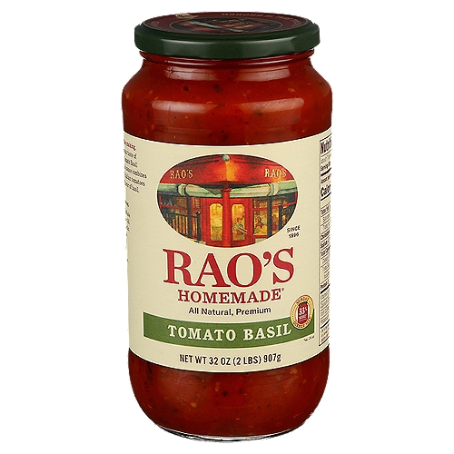 Rao's Tomato Basil Sauce, 32 oz
Bring home the famous taste of Rao's Homemade Tomato Basil Pasta Sauce. Rao's Homemade Sauce is a premium, carb conscious pasta sauce made with only the finest ingredients. Delicious speaks for itself when enjoying this tomato sauce. Rao's has combined what you love about their famous marinara sauce with fresh basil to create a pasta sauce that is packed with flavor and versatility. Each batch of Rao's Homemade Tomato Basil Pasta Sauce is slow-cooked in small batches with high quality ingredients. These wholesome ingredients blend Italian tomatoes, olive oil, and onions with fresh basil, fresh garlic, oregano, black pepper and salt creating a pasta sauce that brings back memories of family dinners around the table. Rao's Tomato Basil Pasta Sauce recipe stays true to its classic Italian roots making it the perfect carb conscious pasta sauce. Rao's Homemade Tomato Basil sauce has no added sugar* making it a keto friendly pasta sauce you'll want in your pantry. This premium pasta sauce tastes delicious, and is made with the finest ingredients, without any tomato blends, tomato paste, water, starches, added colors, or sugar. Rao's Homemade, originally born in New York, now brings authentic Italian flavor into your home. Rao's Tomato Basil pasta sauce is a versatile carb conscious pasta sauce that offers truly traditional homemade Italian flavor, easily available anytime to pair with your preferred pasta, to use as an ingredient in your favorite recipe, or to accompany your favorite meatballs. *Not a low or reduced calorie food, see nutrition panel for further information on Sugar and Calorie content