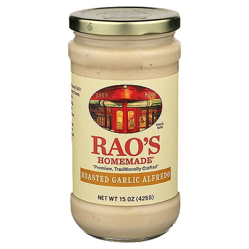 Rao's Homemade Roasted Garlic Alfredo Sauce, 15 oz
Rao's Homemade Roasted Garlic Alfredo Sauce features a premium quality blend of rich Parmesan and Romano cheeses, cream and butter. Each jar of pasta sauce brings you the warm, classic flavor of homemade pasta sauce. Rao's Homemade Alfredo pasta sauce is made with high quality ingredients resulting in a super creamy, cheesy sauce loaded with flavor that works great in your fettucine alfredo. The Rao's Alfredo Pasta Sauce is a delicious carb conscious pasta sauce that blends rich Parmesan and Romano cheeses into a velvety pasta sauce that lets delicious speak for itself. Not only does this premium sauce taste delicious, it is made with the finest ingredients. Rao's Homemade, originally born in New York, now brings authentic Italian flavor into your home. Rao's Alfredo pasta sauce is a versatile carb conscious pasta sauce that offers truly traditional homemade Italian flavor, easily available anytime to pair with your favorite Fettucine, to use as an ingredient in your favorite recipe, or even to accompany your favorite chicken preparation.