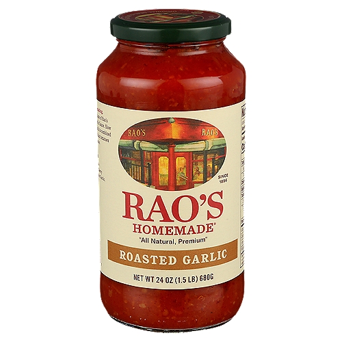 Rao's Roasted Garlic Sauce, 24 oz
Bring home the famous taste of Rao's Homemade Roasted Garlic Pasta Sauce. Rao's Homemade Sauce is a premium, carb conscious pasta sauce made with only the finest ingredients. Delicious speaks for itself when enjoying this tomato sauce. Rao's has combined what you love about their famous marinara sauce with roasted garlic to create a pasta sauce that is packed with flavor and versatility. Each batch of Rao's Homemade Roasted Garlic Pasta Sauce is slow-cooked in small batches with high quality ingredients. These wholesome ingredients blend sweet, Italian tomatoes, olive oil, and roasted garlic creating a pasta sauce that is sure to please. Rao's Roasted Garlic Pasta Sauce recipe stays true to its classic Italian roots making it the perfect carb conscious pasta sauce. Rao's Homemade Roasted Garlic sauce has no added sugar* making it a keto friendly pasta sauce you'll want in your pantry. This premium pasta sauce tastes delicious, and is made with the finest ingredients, without any tomato blends, tomato paste, water, starches, added colors, or sugar. Rao's Homemade, originally born in New York, now brings authentic Italian flavor into your home. Rao's Tomato Basil pasta sauce is a versatile carb conscious pasta sauce that offers truly traditional homemade Italian flavor that is easily available anytime to pair with your preferred pasta, to use as an ingredient in your favorite recipe, or to accompany your favorite meatballs. *Not a low or reduced calorie food, see nutrition panel for further information on Sugar and Calorie content