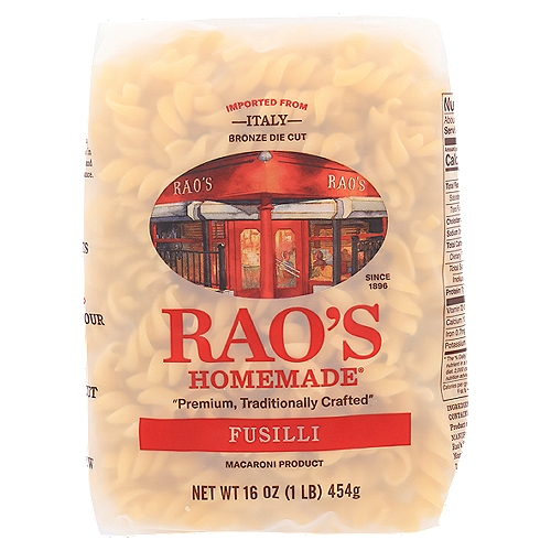 Rao's Fusilli Pasta, 16 oz
Bring home the famous taste of Raos Homemade pastas! Our delicious Fusilli is imported from Italy to bring the flavor of Italy right to your table. Our pasta is made from house-milled durum semolina flour dried slow and low for delicious flavor and the perfect al dente texture. Our fusilli is a corkscrew shaped pasta that captures and holds onto sauce in each of its turns and curves, served best with a thick sauce. Delicious speaks for itself!