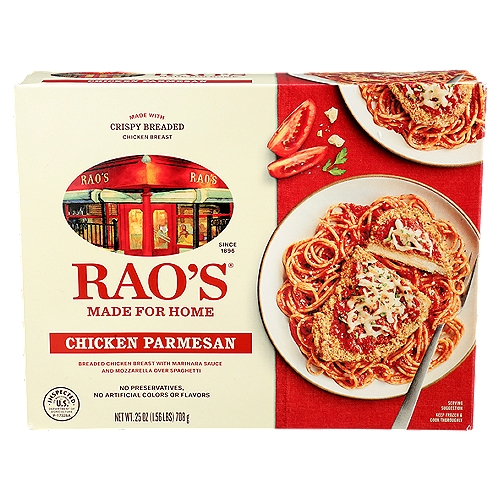 Rao's Chicken Parmesan, 25oz
Bring home the taste of a classic Italian meal with Rao's Made for Home Chicken Parmesan frozen pasta. Rao's premium frozen meals are made with only the finest ingredients. Delicious speaks for itself when enjoying this Chicken Parmesan. Rao's Made for Home Chicken Parmesan is a premium Italian frozen meal made with crispy chicken breasts, Italian tomatoes, and durum semolina pasta. Enjoy Rao's hearty frozen pastas as we've prepared them, or make it your own by topping with Parmigiano-Reggiano and parsley from your pantry for a delicious finishing touch. Each bite brings you the warm, classic flavor of Italian cooking. Rao's Homemade, originally born in New York, now brings authentic Italian flavor to your home. Rao's Made for Home Chicken Parmesan Frozen Meal offers truly traditional homemade Italian flavor, easily available anytime in as little as 6 minutes. Rao's Made for Home frozen meals are crafted without any preservatives, artificial colors or flavors - a meal that you'll be proud to serve to your entire family. For other delicious Italian flavors, try any of our other Rao's Made for Home Frozen meals, or try our other fantastic varieties of tomato sauces, pesto sauces, or alfredo sauces.