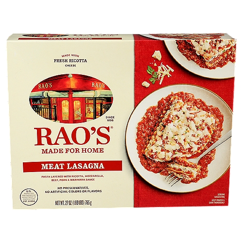 Rao's Meat Lasagna, 27 oz
Bring home the taste of a classic Italian meal with Rao's Made for Home Meat Lasagna frozen pasta. Rao's premium frozen meals are made with only the finest ingredients. Delicious speaks for itself when enjoying this Meat Lasagna. Rao's Made for Home Meat Lasagna is a premium Italian frozen meal made with fresh ricotta cheese, Italian tomatoes, and durum semolina pasta. Enjoy Rao's hearty frozen pastas as we've prepared them, or make it your own by topping with Parmigiano-Reggiano and parsley from your pantry for a delicious finishing touch. Each bite brings you the warm, classic flavor of Italian cooking. Rao's Homemade, originally born in New York, now brings authentic Italian flavor to your home. Rao's Made for Home Meat Lasagna Frozen Meal offers truly traditional homemade Italian flavor, easily available anytime in as little as 6 minutes. Rao's Made for Home frozen meals are crafted without any preservatives, artificial colors or flavors - a meal that you'll be proud to serve to your entire family. For other delicious Italian flavors, try any of our other Rao's Made for Home Frozen meals, or try our other fantastic varieties of tomato sauces, pesto sauces, or alfredo sauces.