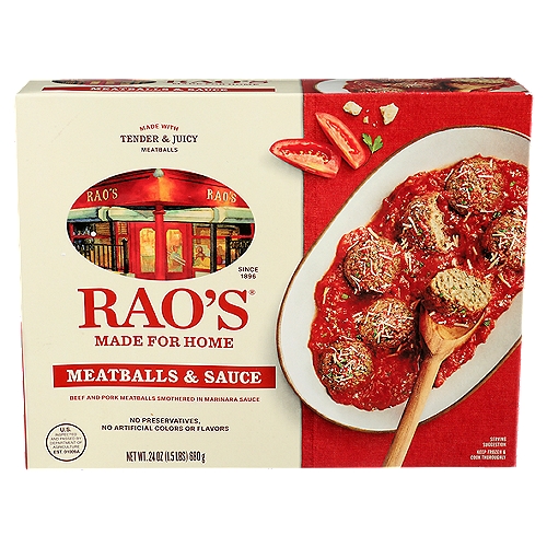 Rao's Meatballs & Sauce, 24oz
Bring home the taste of a classic Italian meal with Rao's Made for Home Meatballs & Sauce. Rao's premium frozen meals are made with only the finest ingredients. Delicious speaks for itself when enjoying these Meatballs & Sauce. Rao's Made for Home Meatballs & Sauce is a premium, Italian frozen meal made with tender and juicy beef and pork meatballs and Italian tomatoes. Enjoy Rao's hearty frozen meals as we've prepared them, or make it your own by topping with Parmigiano-Reggiano and parsley from your pantry for a delicious finishing touch. Each bite brings you the warm, classic flavor of Italian cooking. Rao's Homeade, originally born in New York, now brings authentic Italian flavor to your home.