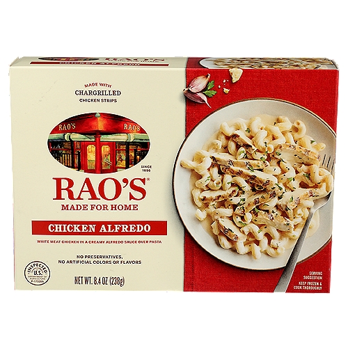 Rao's Chicken Alfredo, 8.4oz
Bring home the taste of a classic Italian meal with Rao's Made for Home Chicken Alfredo frozen pasta. Rao's premium frozen meals are made with only the finest ingredients. Delicious speaks for itself when enjoying this Chicken Alfredo. Rao's Made for Home Chicken Alfredo is a premium Italian frozen meal made with char-grilled chicken strips and durum semolina pasta. Enjoy Rao's hearty frozen pastas as we've prepared them, or make it your own by topping with Parmigiano-Reggiano and parsley from your pantry for a delicious finishing touch. Each bite brings you the warm, classic flavor of Italian cooking. Rao's Homemade, originally born in New York, now brings authentic Italian flavor to your home. Rao's Made for Home Chicken Alfredo Frozen Meal offers truly traditional homemade Italian flavor, easily available anytime in minutes. Rao's Made for Home frozen meals are crafted without any preservatives, artificial colors or flavors - a meal that you'll be proud to serve to your entire family. For other delicious Italian flavors, try any of our other Rao's Made for Home Frozen meals, or try our other fantastic varieties of tomato sauces, pesto sauces, or alfredo sauces.
