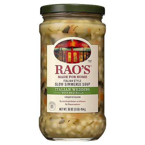 Rao's Italian Wedding Soup, 16oz
Bring home the taste of Rao's Made for Home® Soup! Our Italian wedding soup is a chicken broth with beef and pork meatballs, carrots, acini di pepe pasta, spinach and onions. With no artificial colors or flavors and no preservatives, our soup has nothing to hide! Based upon the simplicity of traditional southern Italian cooking and crafted with only the finest, premium quality ingredients. Delicious speaks for itself!