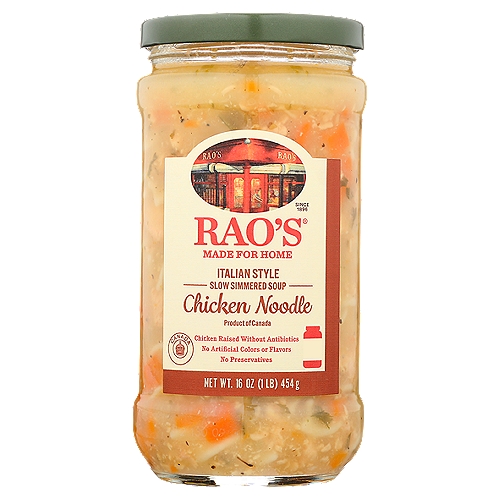 Rao's Chicken Noodle Soup, 16oz
Bring home the famous taste of Raos Made for Home Soup! Our chicken noodle soup is made with rich chicken broth, chicken, tender fusilli pasta, carrots, celery and onions. With no artificial colors or flavors and no preservatives, our soup has nothing to hide! Based upon the simplicity of traditional southern Italian cooking and crafted with only the finest, premium quality ingredients. Delicious speaks for itself!