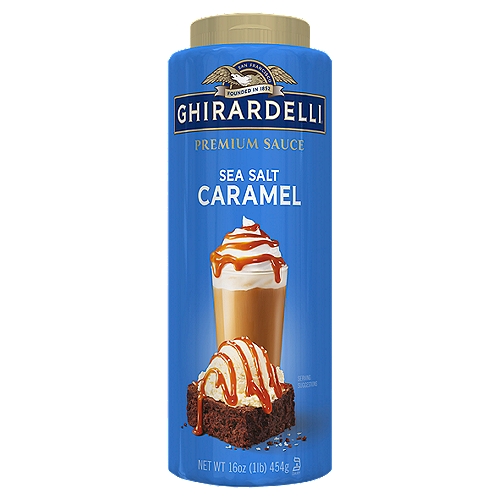 Ghirardelli Sea Salt Caramel Premium Sauce, 16 oz
Take your favorite desserts from great to extraordinary with our Premium Sauces. A smooth decadent taste for the perfect finishing touch.

Perfect for:
• Milk shakes
• Coffee drinks
• Dessert topping
• Ice cream topping