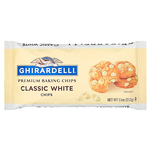 GHIRARDELLI Classic White Premium Baking Chips, 11 OZ Bag
Elevate your baking from great to extraordinary with our top quality, premium ingredients to create a rich, smooth flavor and silky texture.

Make life a bite better with Ghirardelli Classic White Premium Baking Chips. Ghirardelli white chips are perfect for any baking recipe, delivering a sweet, creamy flavor with hints of vanilla extract. Add these white baking chips to your cookie dough, pancake mix or blondies for the ultimate treat. Ghirardelli baking chips fill your baked goods with velvety smooth texture for true indulgence in every bite. These baking chips feature the highest quality whole milk powder and vanilla extract blended together to create a creamy signature sweetness. These white chips are certified kosher. Elevate your baking from great to extraordinary with Ghirardelli baking supplies.