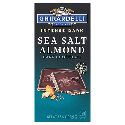 GHIRARDELLI Intense Dark Chocolate Bar, Sea Salt Almond, 3.5 Oz Bar
Each intensely delicious square of the GHIRARDELLI Intense Dark Sea Salt Almond Chocolate Bar caters to your senses. Indulge in the rich chocolate intensity after dinner, or serve GHIRARDELLI Intense Dark chocolate candy at your next gathering to create the ultimate moment of sheer delight for your guests. Savor the indulgent taste of the finest cacao beans skillfully blended to create intensely delicious dark chocolate with roasted almonds and sea salt for an irresistible combination of salty and sweet. These GHIRARDELLI chocolate candy bars break apart into individual squares for easy portioning. Premium ingredients, including sustainably sourced cocoa beans used in exclusive blends, create a smooth, slow-melting dark chocolate bar. Explore rich, bold and intensely delicious dark chocolate with GHIRARDELLI Intense Dark Chocolate.

Experience rich, bold and intensely delicious dark chocolate, roasted almonds and sea salt for an irresistible combination of salty and sweet