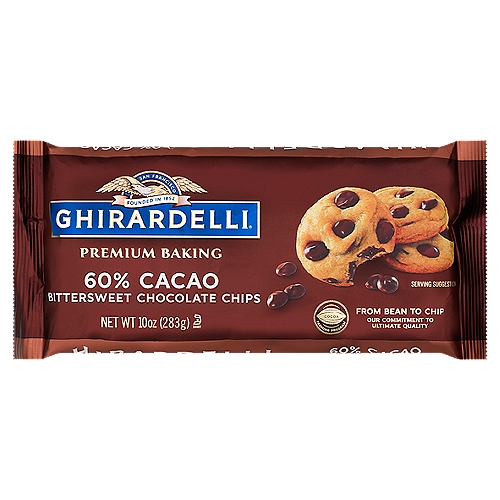 GHIRARDELLI 60% Cacao Bittersweet Chocolate Premium Baking Chips, 10 ounce Bag
Elevate your baking from great to extraordinary with our top quality cocoa beans and premium ingredients.

Make life a bite better with Ghirardelli 60% Cacao Bittersweet Chocolate Premium Baking Chips. Ghirardelli bittersweet baking chocolate chips are perfect for any baking recipe, delivering rich, bittersweet chocolate flavor with hints of vanilla extract. Bake the ultimate chocolate chip cookies or the most decadent brownies. Ghirardelli chocolate chips fill your baked goods with rich chocolate flavor notes and dark roast characteristics. These bittersweet chocolate chips feature the highest quality cocoa butter, unsweetened chocolate and just the right amount of cane sugar for delicious flavor. These chocolate morsels are kosher and made with sustainably sourced cocoa beans. Elevate your baking from great to extraordinary with Ghirardelli baking chocolate.