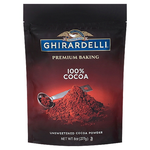 GHIRARDELLI Premium Baking Cocoa 100% Unsweetened Cocoa Powder, 8 OZ Bag
Our classic 100% unsweetened cocoa powder highlights the true essence of the roasted cocoa bean in your favorite recipes. Unearth a robust flavor that takes your desserts from great to extraordinary.

Ghirardelli Premium Baking Cocoa 100% Unsweetened Cocoa Powder takes your signature baked goods to new levels of chocolate intensity. Perfect for any baking recipe, this Ghirardelli cocoa powder delivers a rich and robust flavor. Bake the ultimate chocolate cake, make the most decadent brownies or blend into your favorite smoothie for an indulgent chocolate experience. Ghirardelli unsweetened cocoa powder infuses your recipes with the essence of roasted chocolate with rich, intense cocoa flavor, and this 100% cocoa powder is non-alkalized. Ghirardelli ground cocoa is also certified kosher. Elevate your baking from great to extraordinary with Ghirardelli unsweetened baking cocoa. Ghirardelli Makes Life a Bite Better.