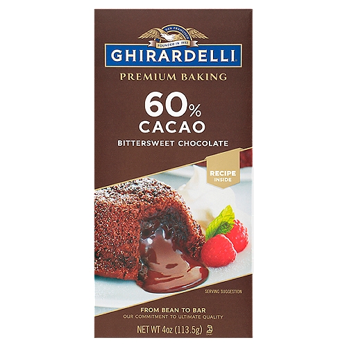 GHIRARDELLI Premium 60% Cacao Bittersweet Chocolate Baking Bar, 4 OZ Bar
Each 4 oz. bar contains 8 sections (1/2 oz. each)
2 sections = 1 oz.

Ghirardelli Premium 60% Cacao Bittersweet Chocolate Baking Bar delivers the ultimate indulgence for your baking recipes. The luxurious flavor and smooth texture of this bittersweet baking chocolate provides a delicious start to your favorite recipes. Add this Ghirardelli chocolate bar to your homemade cakes, brownies, cookies and other baked treats for indulgent results. Made with real vanilla, this bittersweet chocolate bar contains high quality cocoa beans roasted to perfection to create a decadent chocolate experience. This baking bar is also certified kosher. Elevate your baking from great to extraordinary with Ghirardelli baking supplies. Ghirardelli makes life a bite better.