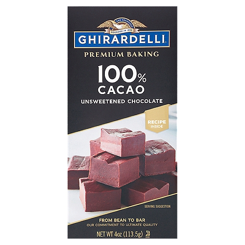 GHIRARDELLI Premium 100% Cacao Unsweetened Chocolate Baking Bar, 4 OZ Bar
Each 4 oz. bar contains 8 sections (1/2 oz. each) 2 sections = 1 oz.

Ghirardelli Premium 100% Cacao Unsweetened Chocolate Baking Bar offers pure chocolate for your baking recipes. The intensely rich flavor of this unsweetened baking chocolate provides the perfect building block for layering flavor and texture. Use 100% unsweetened chocolate for your favorite cakes, brownies and other baked treats for the ultimate chocolate experience. Made with no added sugar or dairy, this unsweetened chocolate bar is made from high quality cocoa beans roasted to perfection to create a decadent chocolate experience. This baking bar is kosher certified. Elevate your baking from great to extraordinary with Ghirardelli baking supplies. Ghirardelli makes life a bite better.