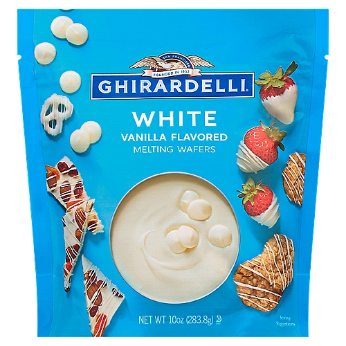 GHIRARDELLI White Vanilla Flavored Melting Wafers, 10 OZ Bag
Simply Melt, Dip, Chill and Enjoy!
Give your homemade candies and dipped treats a smooth finish and glossy shine, with no need for tempering.

Inspire your inner candy maker and create impressive yet easy dipped treats with Ghirardelli White Vanilla Flavored Melting Wafers. These easy-to-use Ghirardelli melting wafers offer consistent results with no tempering required. Simply melt, dip, chill and enjoy. Make everything from truffles to dipped strawberries and covered pretzels in no time with a smooth-as-silk texture and lustrous sheen. Sweet vanilla flavor highlights your dipped treats and candies. This melting candy is made with high-quality ingredients to create delicious treats. Ghirardelli candy melts are kosher certified. Elevate your baking from great to extraordinary with Ghirardelli baking supplies. Ghirardelli makes life a bite better.