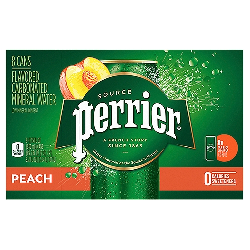 Perrier Peach Flavored Carbonated Mineral Water, 11.14 fl oz, 8 count