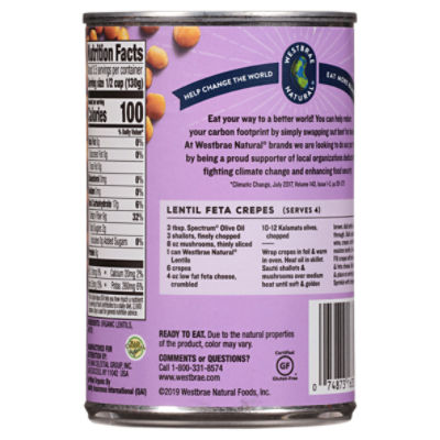 Westbrae Natural No Salt Added Organic Lentil Beans, 15 oz