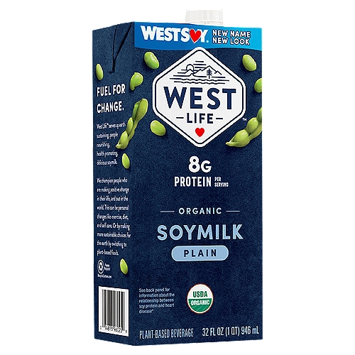 West Life Organic Plain Soymilk Plant-Based Beverage, 32 fl oz
25 grams of soy protein a day, as part of a diet low in saturated fat and cholesterol, may reduce the risk of heart disease. A serving of West Life™ Organic Plain Soymilk has 8 grams of soy protein.

Soy is the Original, Sustainable Plant Protein.
Soy is a good source of protein that fuels your day, and nourishes your body.
8g of complete plant protein in every delicious cup.
Fuel your smoothies, boost your cereal, or enjoy by the glass.