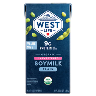 West Life Organic Unsweetened Plain Soymilk Value Size, 64 fl oz