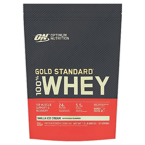 Optimum Nutrition Gold Standard 100% Whey Vanilla Ice Cream Protein Powder Drink Mix, 1.5 lb