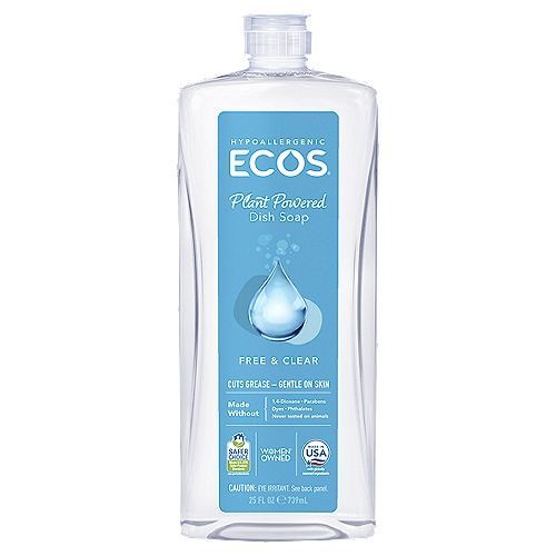 Ecos Hypoallergenic Plant Powered Free & Clear Dish Soap, 25 fl oz