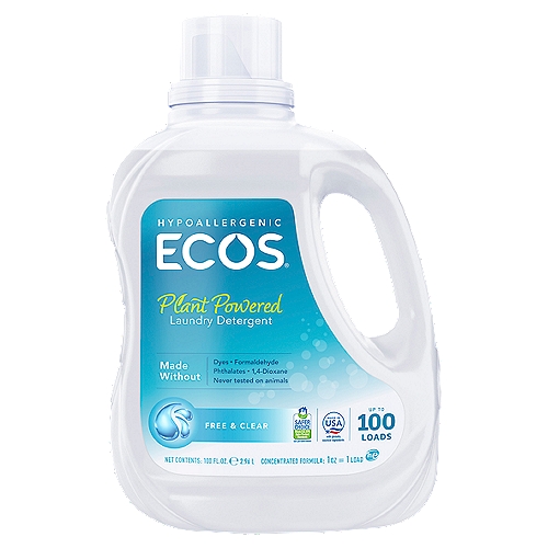 Ecos Hypoallergenic Free & Clear Laundry Detergent, 100 loads, 100 fl oz
Safer
Made without known carcinogens, reproductive toxins or endocrine disruptors.
Powerful
Plant-powered to preserve fabrics, leaving them softer, brightening colors and whitening whites.
Sustainable
Made in zero waste facilities powered by 100% renewable wind and solar energy.