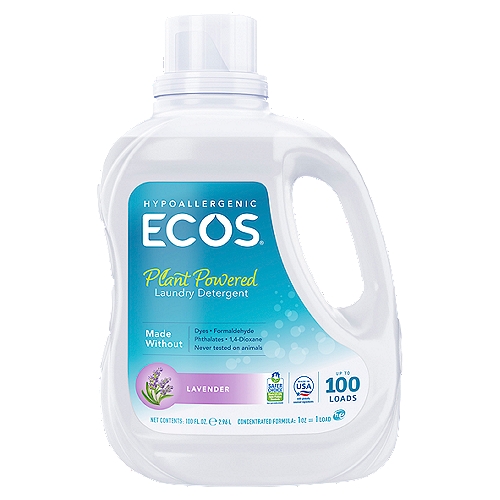 Ecos Hypoallergenic Lavender Laundry Detergent, 100 loads, 100 fl oz
Safer
Made without known carcinogens, reproductive toxins or endocrine disruptors.
Powerful
Plant-powered to preserve fabrics, leaving them softer, brightening colors and whitening whites.
