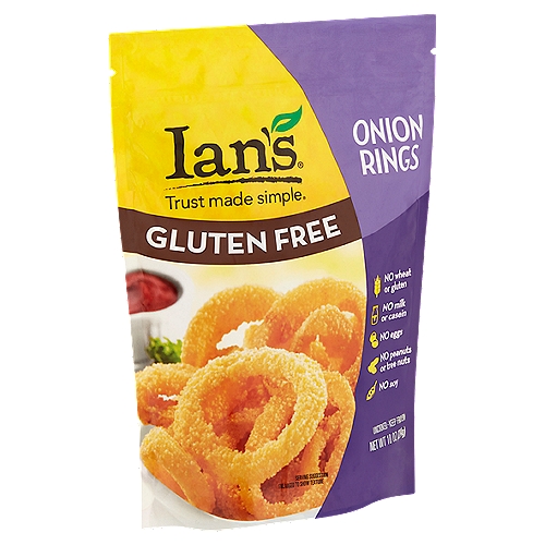 Ian's Gluten Free Onion Rings, 10 oz
Finally, a delicious gluten-free option for those craving a classic onion ring! lan's allergy-friendly† Gluten Free Onion Rings start with fresh cut, sweet onion, dipped in our proprietary homemade batter, and coated in crunchy cornflake crumbs. These crowd pleasers are easy to prepare and sure to satisfy!

lan's allergy-friendly† Onion Rings are perfect for snack time, and make a great meal alongside any of our allergy-friendly† meal solutions such as fish sticks and chicken nuggets. Enjoy!
† This product does not contain any ingredients derived from wheat, soy, eggs, milk, tree nuts or peanuts.