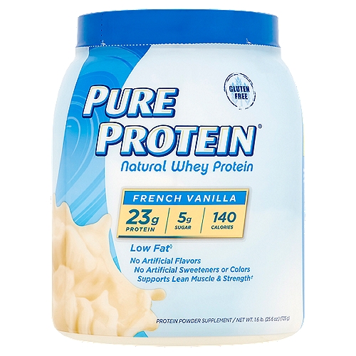 Pure Protein French Vanilla Natural Whey Protein Powder Supplement, 25.6 oz
Low fat◊
Supports lean muscle & strength†

Active Nutrition
Pure Protein® Natural Whey Powder is delicious, convenient and fast-acting. This easy-to-mix, low fat, gluten free protein powder provides 23 grams of power-packed, nutritious protein in every serving - perfect for use any time of the day!◊
· Provides cross-flow ultrafiltered whey protein concentrate.
· Instantized whey proteins for easy mixing and complete dispersion in liquid.
· Supplies all the essential amino acids from protein to support lean, muscle, strength, and energy.†
· Contains electrolytes to maintain hydration or to rehydrate after workouts.†

†These statements have not been evaluated by the Food and Drug Administration. This product is not intended to diagnose, treat, cure or prevent any disease.
◊ See nutrition information for cholesterol content.

Use pure protein® any time of the day including:
Immediately after exercise
With meals
In between meals