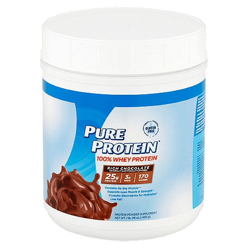 Pure Protein Rich Chocolate 100% Whey Protein, 1 lb
Protein Powder Supplement

Contains no soy protein**
**Contains soy lecithin.

Supports lean muscle & strength*
Contains electrolytes for hydration*

Pure Protein® 100% Whey Powder is delicious, convenient and fast-acting. This formula is designed with 100% of the protein coming from whey, a complete and superior protein source supplying all the essential amino acids your body needs to support lean muscle, strength and energy.* It also contains electrolytes to help maintain hydration or rehydrate after workouts.* This easy-to-mix, low fat, gluten free protein powder provides 25 grams of power-packed protein in every scoop - just what your body needs to stay fit and ready for action.* Perfect for use any time of day whether you've just completed a workout or are looking for a nutritious treat to maintain momentum.

• Provides cross-flow ultrafiltered 100% Whey Protein concentrate.
• Instantized Whey Proteins for easy mixing and complete dispersion in liquid.
• Quick absorbing Whey Protein blend to speed amino acid delivery to muscles immediately after workouts.*
• Contains electrolytes to maintain hydration or to rehydrate after workouts.*
*These statements have not been evaluated by the Food and Drug Administration. This product is not intended to diagnose, treat, cure or prevent any disease.

Each serving contains over 5 grams of the following branched chain amino acids from protein: Which typically provides:
• Isoleucine 1.50g
• Leucine 2.72g
• Valine 1.44g